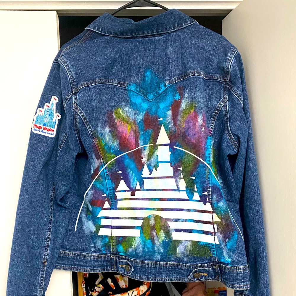 Hand-painted Disney Jean Jacket with castle patch and heat-set for durability